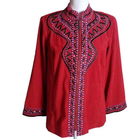 Bob Mackie Red Faux Suede Shacket Size Small Embroidered Metallic Shirt Jacket - Picture 1 of 13